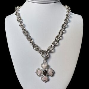 Judith Ripka 925 Silver Pink MOP Heart + CZ Maltese Cross Pendant Chain Necklace